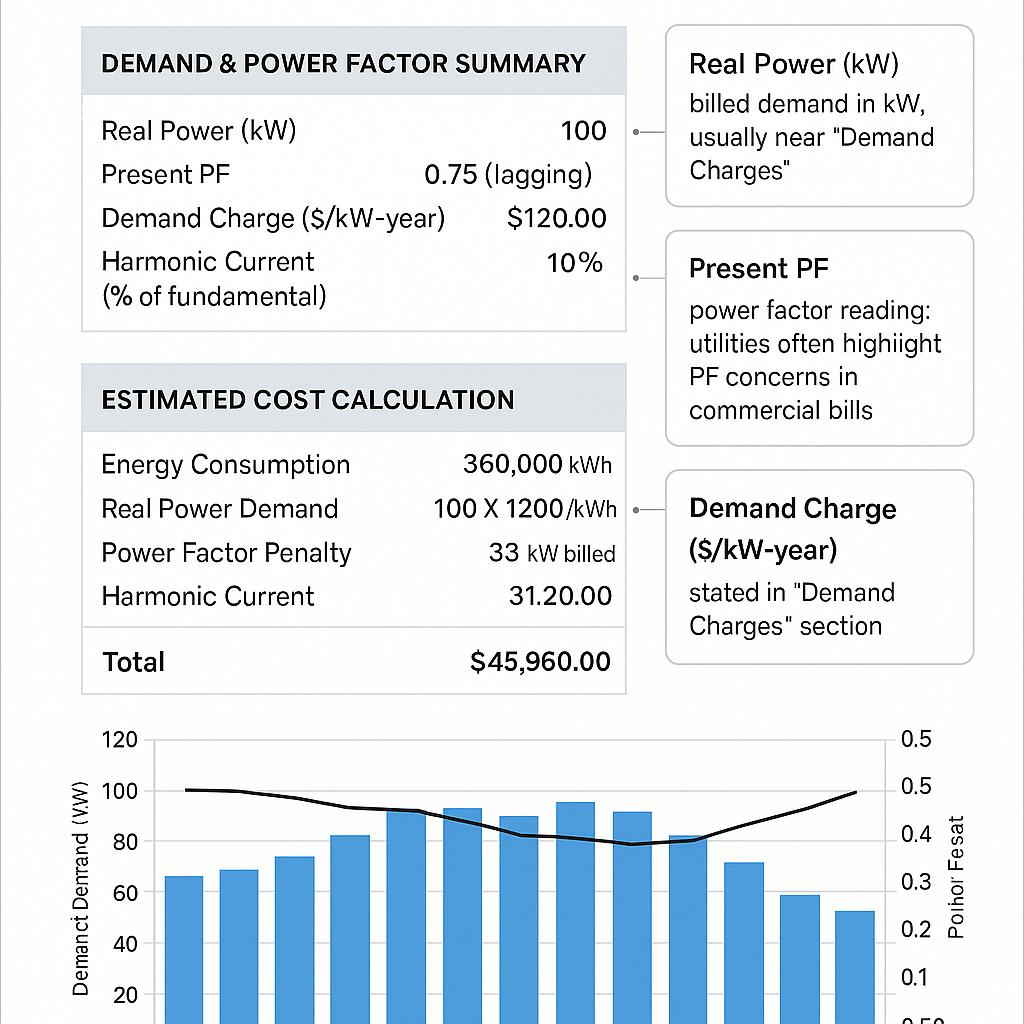 Example utility bill showing demand & PF summary